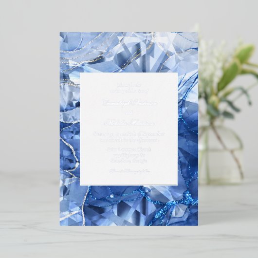 ブルーサファイアジェム結婚ストン 箔招待状 (立ち正面)