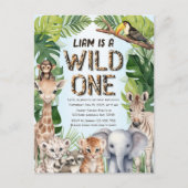 ブルーサファリの動物テーマ野生の1歳の誕生日 インビテーションポストカード (正面)