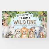 ブルーサファリをテーマにしたワイルドワン1歳の誕生日へようこそ 横断幕 (横)