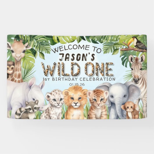 ブルーサファリをテーマにしたワイルドワン1歳の誕生日へようこそ 横断幕 (横)
