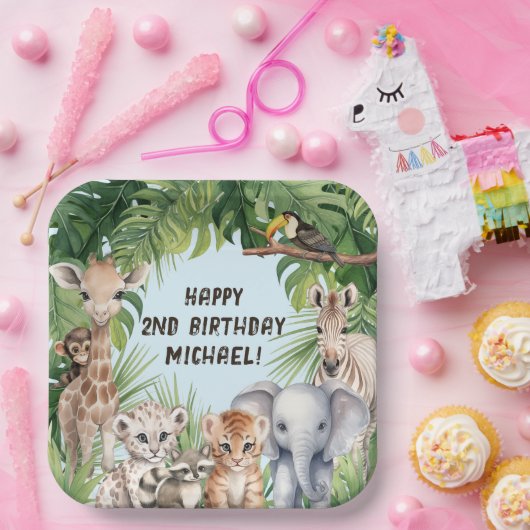 ブルーサファリアニマルをテーマにした男の赤ちゃん2歳 ペーパープレート (パーティー)