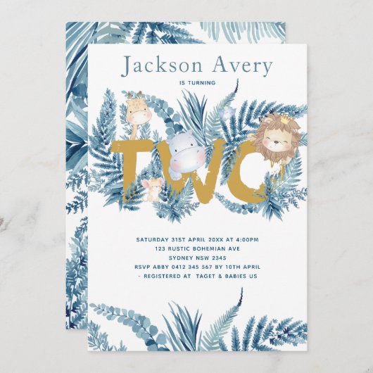 ブルーサファリアニマルズセカンド誕生日 招待状 (正面/裏面)