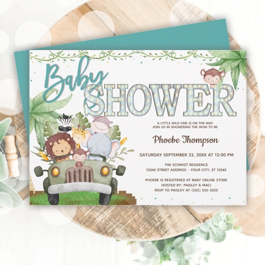 ブルーサファリ動物のベビーシャワー 招待状