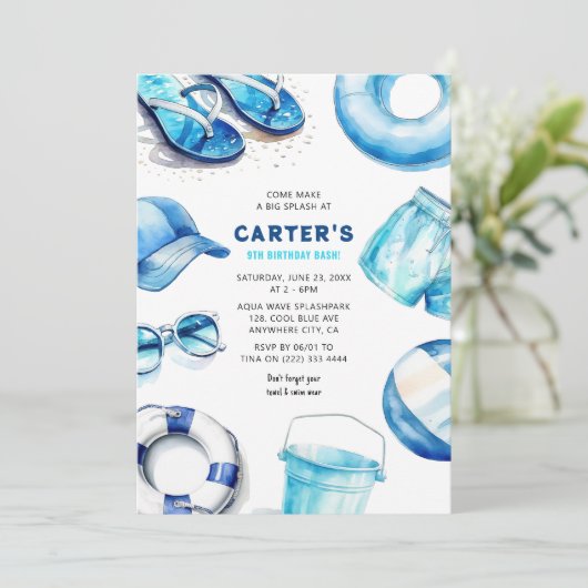 ブルーサマークールボーイズ誕生日 招待状 (スタンド正面)