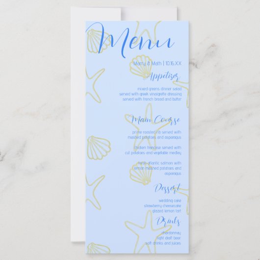 ブルーサマーシーシェルとスタービーチ結婚式メニュー (正面)