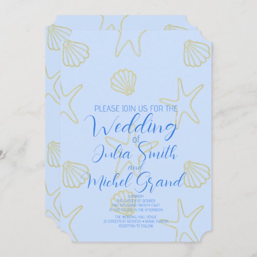 ブルーサマーシーシェルアンドスタービーチ結婚式 招待状 (正面/裏面)