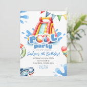 ブルーサマースプラッシュプールパーティーボーイ誕生日 招待状 (スタンド正面)