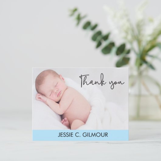 ブルーサンキューベビー誕生発表スクリプト文字 ポストカード (スタンド正面)
