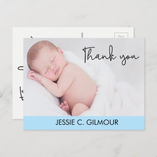 ブルーサンキューベビー誕生発表スクリプト文字 ポストカード (正面/裏面)