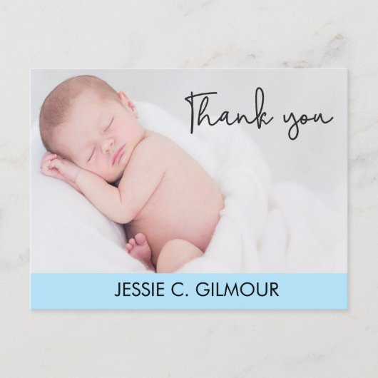 ブルーサンキューベビー誕生発表スクリプト文字 ポストカード (正面)