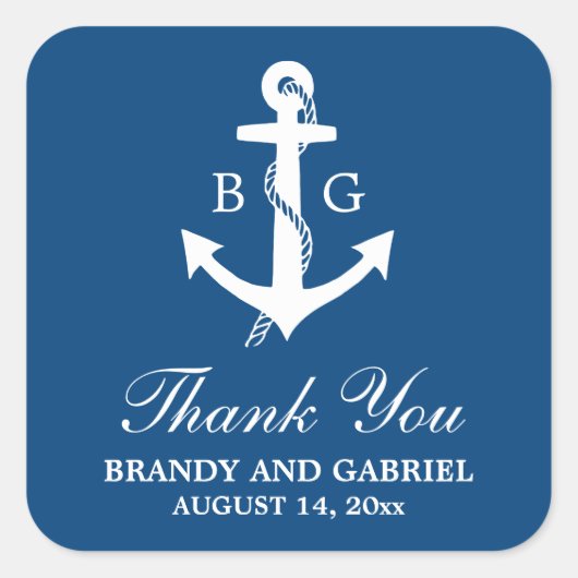 ブルーサンキューモノグラム航海の結婚式用シール スクエアシール (正面)