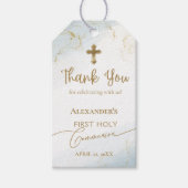 ブルーサンキュー金ゴールドクロスボーイファースト聖餐式 ギフトタグ (正面)