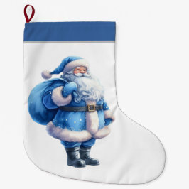 ブルーサンタクロースの水彩イラスト ラージクリスマスストッキング