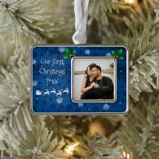 ブルーサンタズスリー&トナカイのクリスマスオーナメント シルバープレートフレームオーナメント (ツリー)