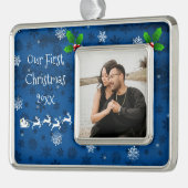 ブルーサンタズスリー&トナカイのクリスマスオーナメント シルバープレートフレームオーナメント (左)