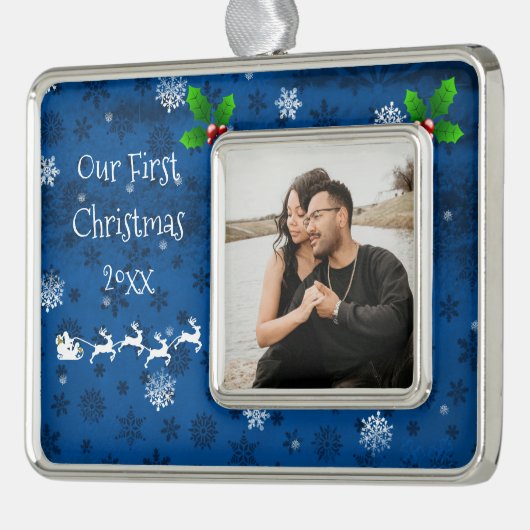 ブルーサンタズスリー&トナカイのクリスマスオーナメント シルバープレートフレームオーナメント (左)