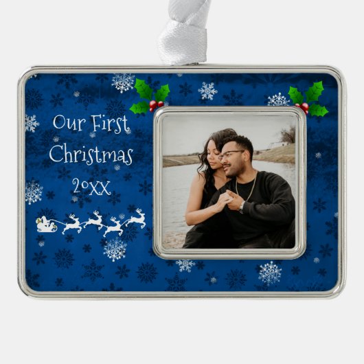 ブルーサンタズスリー&トナカイのクリスマスオーナメント シルバープレートフレームオーナメント (正面)