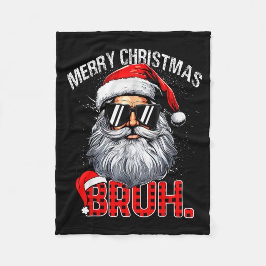 ブルーサンタ帽子 楽しいクリスマス 赤格子柄 メンズ ボーイズ フリースブランケット (正面)