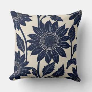 ブルーサンフラワーズブロックプリント-スタイル クッション