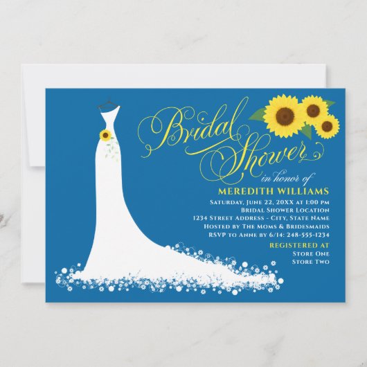 ブルーサンフラワー結婚ズガウンブライダルシャワー 招待状 (正面)