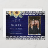 ブルーサンフラワー&レース素朴木製フォト セーブザデート (正面/裏面)