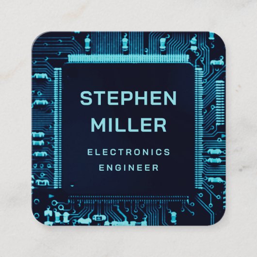 ブルーサーキットボードQRコードエレクトロニクスエンジニア スクエア名刺 (正面)