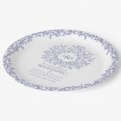 ブルーサークルの葉アートモノグラム結婚の ペーパープレート (アングル)