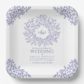 ブルーサークルの葉アートモノグラム結婚の ペーパープレート (正面)