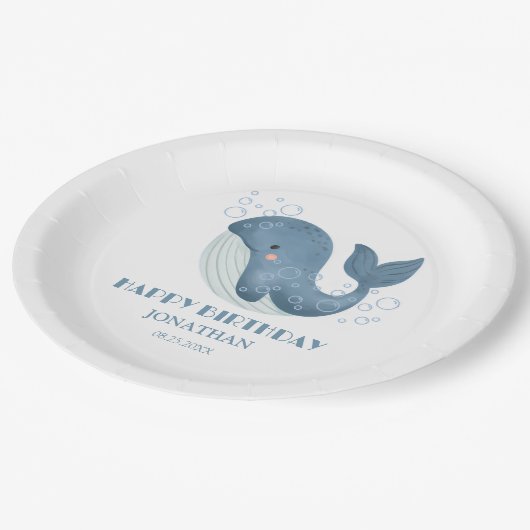 ブルーサークルバブルキュートクジラ子供の誕生日 ペーパープレート (アングル)