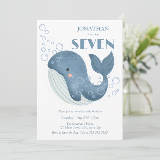 ブルーサークルバブルキュートクジラ子供の誕生日 招待状 (スタンド正面)
