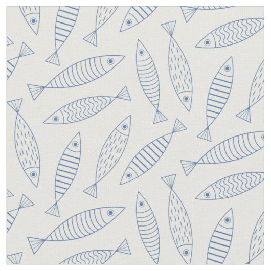 ブルーサーディンの魚の輪郭の落書きパターン ファブリック (クローズアップ)