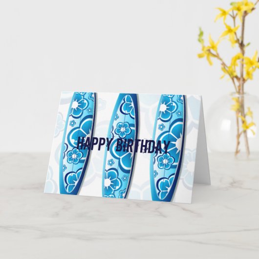 ブルーサーフボードサマービーチハッピーバースデー カード (黄色い花)