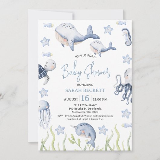 ブルーザシーボーイズ鯨ふくらはぎ赤ちゃんシャワー 招待状 (正面)