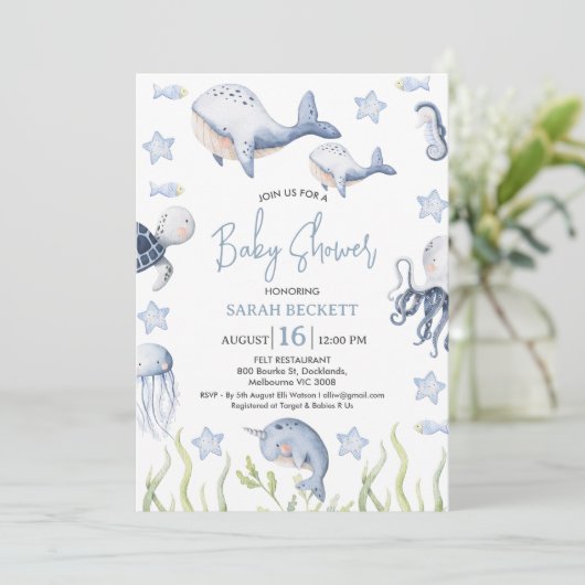 ブルーザシーボーイズ鯨ふくらはぎ赤ちゃんシャワー 招待状 (スタンド正面)