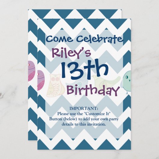 ブルーシェブストライプロンお洒落ズかわいい鳥 招待状 (正面/裏面)