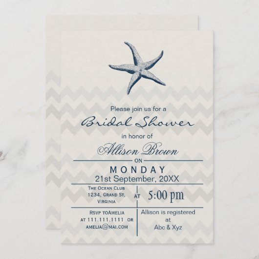 ブルーシェブロンスターフィッシュビーチブライダルシャワー招待状 招待状 (正面/裏面)