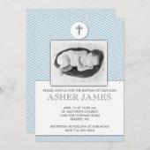 ブルーシェブロンベビーバプティスマス《キリスト教》洗礼式や命名式招待状 招待状 (正面/裏面)