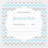 ブルーシェブロン本ベビーシャワー蔵書票ラベル スクエアシール (正面)