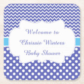 ブルーシェブロン&ホワイト水玉模様ベビーシャワーパーティー スクエアペーパーコースター (正面)