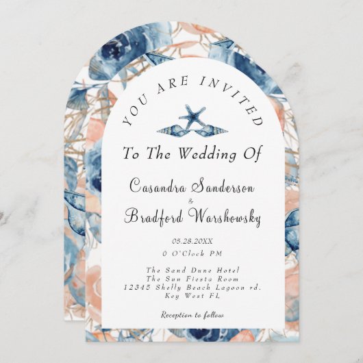 ブルーシェルフラワーズウォーターカラービーチ結婚式 招待状 (正面/裏面)
