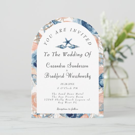 ブルーシェルフラワーズウォーターカラービーチ結婚式 招待状 (スタンド正面)