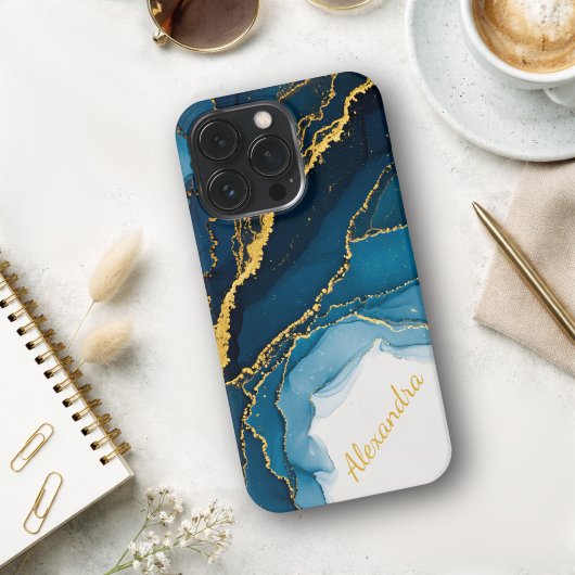 ブルーシェードとアルコールインク金ゴールド iPhoneケース