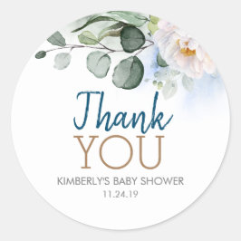 ブルーシェード緑とホワイトフラワーベビーシャワー ラウンドシール