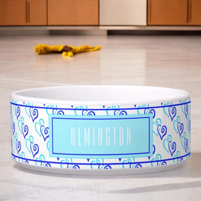 ブルーシェード2リンクハートパターカスタムン ボウル (front custom pet bowl blue linked heart pattern )
