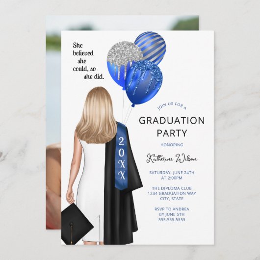 ブルーシエ信じー写真卒業式パーティー 招待状 (正面/裏面)