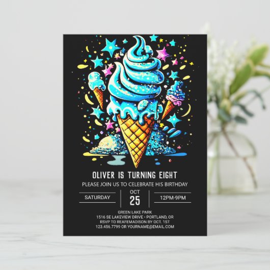 ブルーシックカスタムボーイアイスクリーム誕生日 招待状 (スタンド正面)