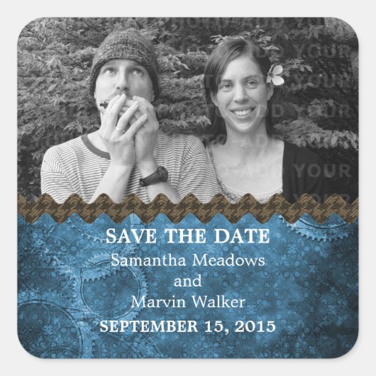 ブルーシックSteampunk写真Save the Date Stickers スクエアシール (正面)