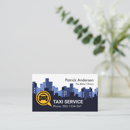 ブルーシティスカイラインシルエットでイエロータクシー 名刺 (スタンド正面)