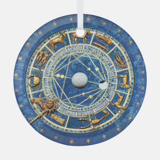 ブルーシナ〔占星術の〕十二宮図ホイールアストロロジーシンボルや象徴金ゴールド ガラスオーナメント (正面)