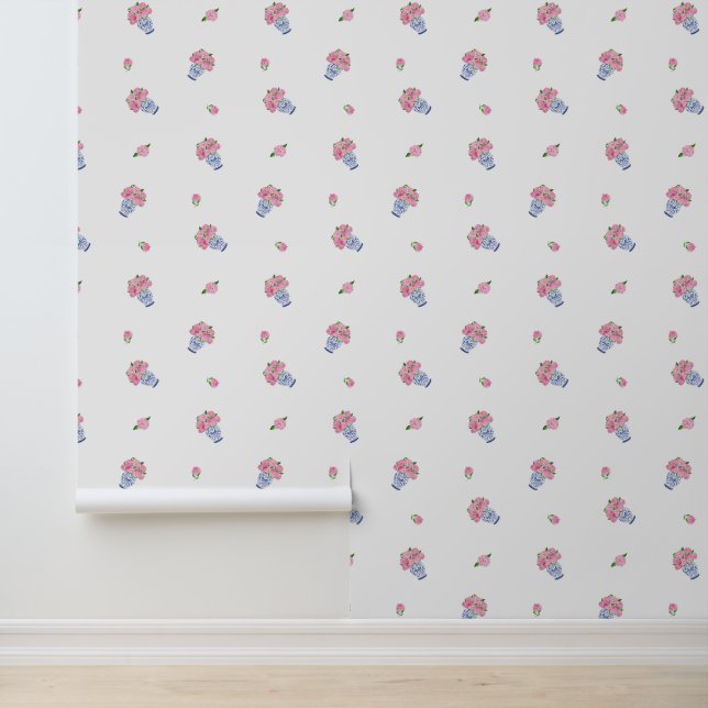 ブルーシノワズリーにピンクのアジサイの花瓶&開花 壁紙 (アプリケーション)